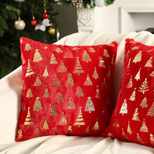 Amyhill Christmas Pillow Covers 18 x 18'' Set of 2 Double Sided Christmas Tree Pillow Cover Soft Plush Faux Fur Pillowcases for Couch Living Room Bed(Red)