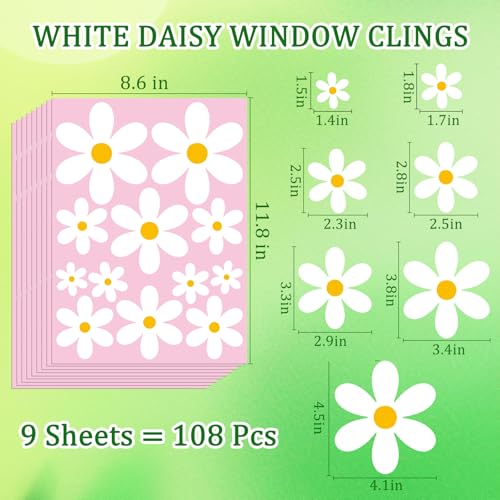 108 Pcs White Daisy Window Clings - Double-Sided Flower Stickers