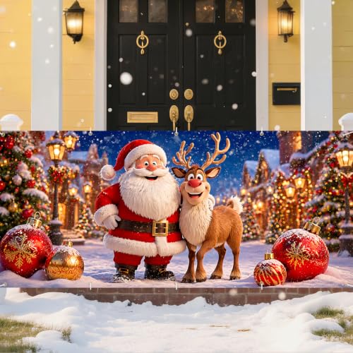 THISFIND 7x16 FT Santa & Reindeer Christmas Garage Door Banner - Outdoor Wall Mural
