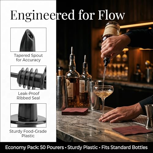 Hedume 50 Pack Liquor Bottle Pourers - Free Flow Spouts for Bars & Restaurants