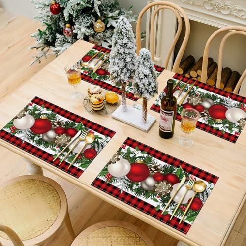 Bloss Red Christmas Placemats Set of 8 - 12x18 Inch Buffalo Check Holiday Table Decor