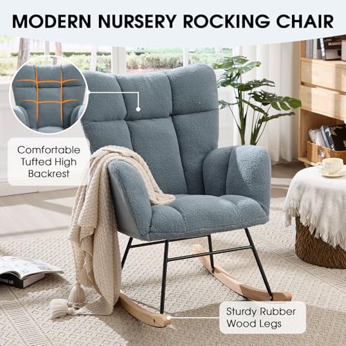 Teddy Fleece Nursery Rocking Chair with Tufted Back and Solid Wood Frame
