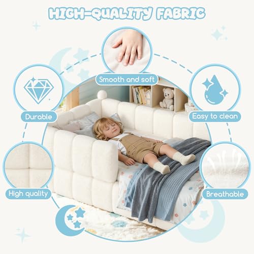 Twin Size Montessori Floor Bed with Teddy Fleece Padded Safety Rails