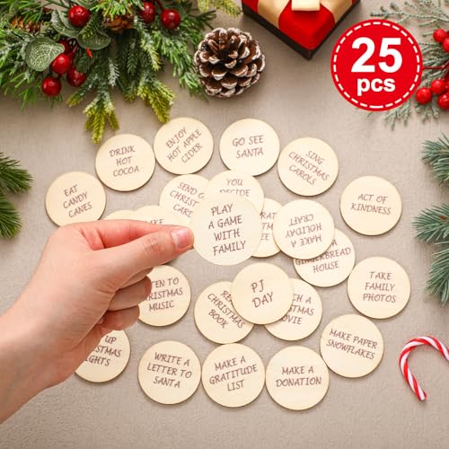 25 Pcs Wooden Advent Countdown Tokens for Christmas - Laser Engraved Tokens Set
