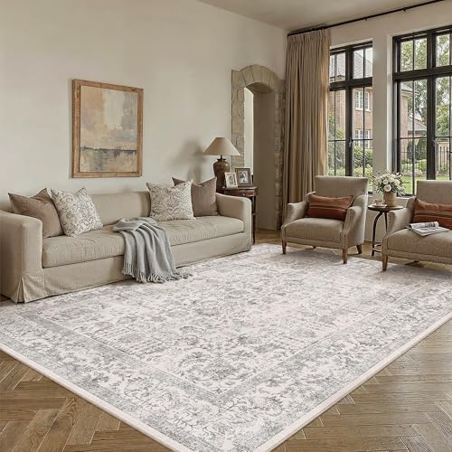5x7 Gray Vintage Floral Area Rug, Washable Non-Slip Low Pile Carpet