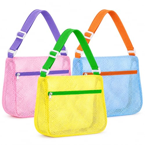 3-Pack Sandproof Mesh Beach Bags for Kids, Adjustable Seashell Collector