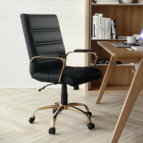 Mid-Back Swivel Office Chair with Gold Frame and Padded Armrests