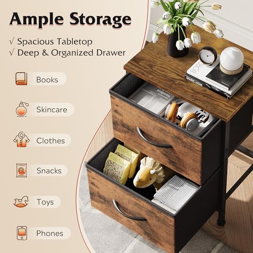 2-Drawer Nightstand with Wooden Top and Storage Bins, Bedside End Table
