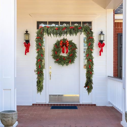 Senksll 6ft Artificial Cedar Garland with Red Fruits and Pine Cones Holiday Decor