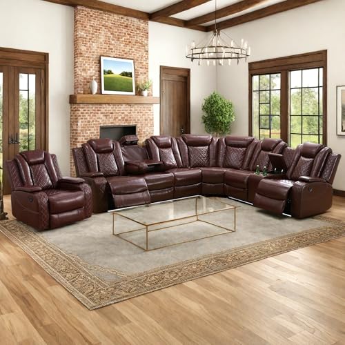 Power Recliner Sectional Sofa with LED Lights, Cup Holders & Storage Console