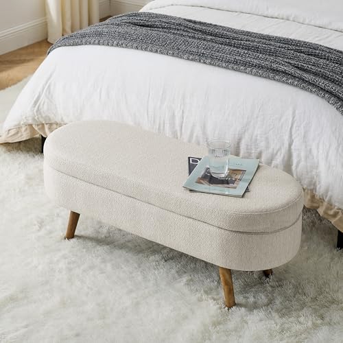 Align Living Beige Storage Ottoman Bench 43.5" with Safety Hinge - Modern Upholstered Footstool for Bedroom & Living Room