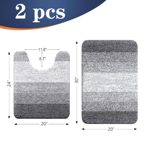 OLANLY 2-Piece Microfiber Bathroom Rug Set - Grey Shaggy Non-Slip Bath Mat and U-Shaped Contour Toilet Rug