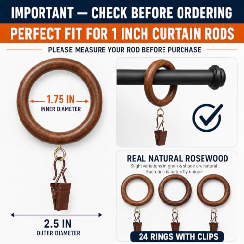 24 Pack Wooden Curtain Rings with Clips, 1.75-Inch Inner Diameter