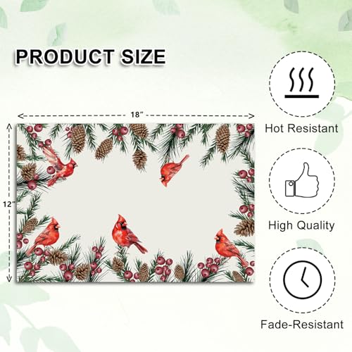 Winter Cardinal Linen Placemats Set of 4, Christmas Holiday Table Decor 12x18"