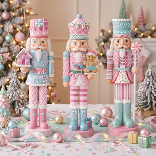 3-Piece Pastel Christmas Nutcracker Set - Resin Gingerbread Holiday Decor