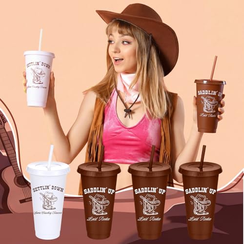 Potchen Western Bridal Xmas Cups Bulk with Lids & Straws, 12 Pcs, Brown / White