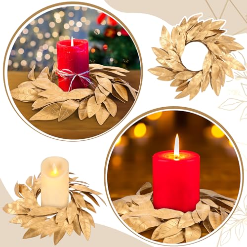 Gold Bay Leaf Candle Ring Wreaths - 2-Piece Christmas Centerpieces (3.9 In)