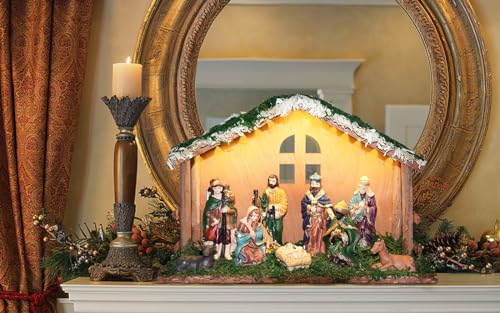 Lighted Christmas Nativity Set with Wooden Stable - 10 Piece Tabletop Decor