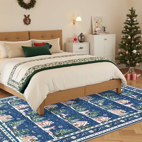 GarveeHome Blue 5' x 7' Christmas Area Rug - Machine Washable, Non-Slip Backing