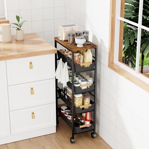 5-Tier Slim Rolling Storage Cart with Wooden Top and Pull-Out Baskets
