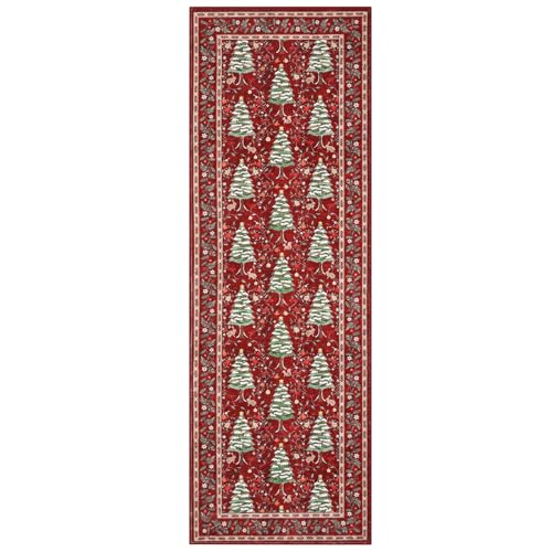 GarveeHome Red 2' x 6' Christmas Floor Runner Rug Non-Slip Washable Low-Pile with Tree & Animals Print