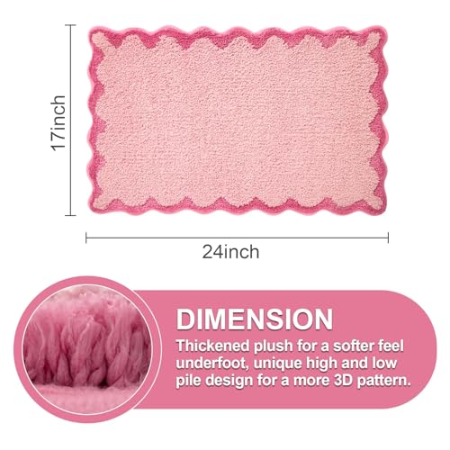 ORTIGIA Pink Scalloped Bath Mat, 17x24 Microfiber Non-Slip Rug