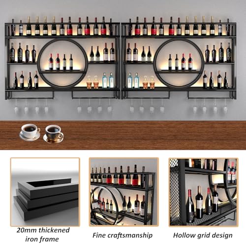 3-Tier Wall Mounted Wine Rack with LED Lights - Modern Metal Liquor Shelf