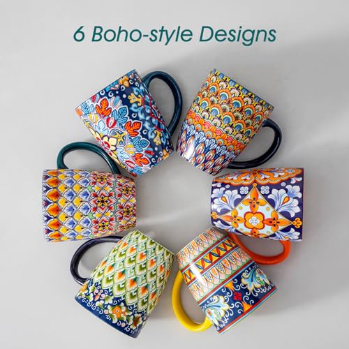 Vancasso SIMI 16 oz Coffee Mug Set of 6 - Ceramic Boho Pattern Drinkware