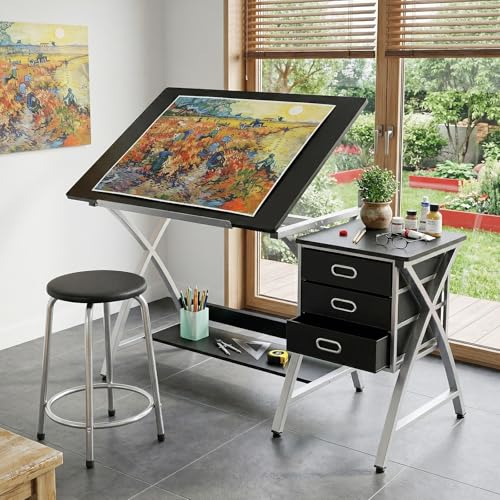 Adjustable Drafting Table with Stool and 3 Drawers for Artists