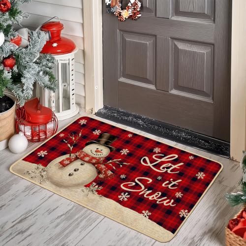Snowman Doormat Buffalo Plaid 17x29 in - Red Snowman Winter Door Mat by Baccessor