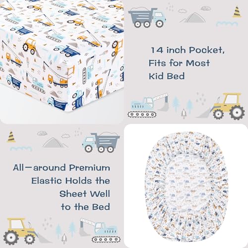 Lasoftan Boys Twin Sheet Set - 3-Piece Blue Excavator Soft Microfiber Bedding