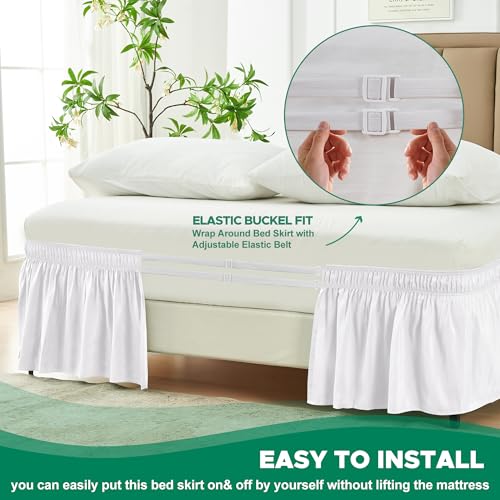 Wrap Around King Bed Skirt with 15-Inch Drop - Elastic Dust Ruffle, White