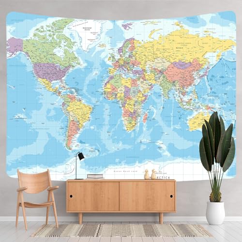 Educational World Map Tapestry Wall Hanging - 60 x 40 Inch Fabric Decor