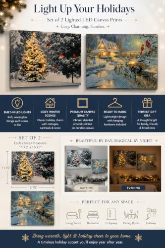 Lighted 2-Piece Christmas Wall Art Set – LED Cottage Village Prints, Snowman & Cardinals