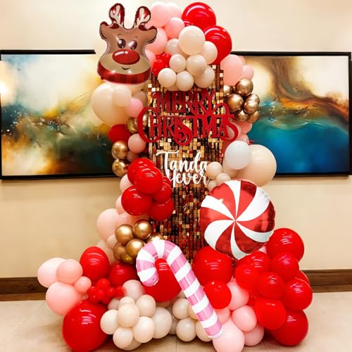 Froova Pink, Red & White Christmas Balloon Arch Kit with Reindeer & Candy Cane Foil Balloons – Includes 2 Pink, 2 Red Candy, Variety Balloons (Red/Pink/White)
