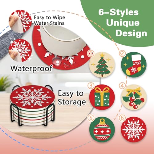 Christmas Socks Drink Coasters Set of 6 with Holder - Holiday Table Decor