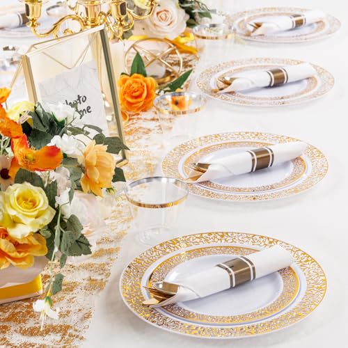 White Gold 50 Guests Disposable Dinnerware Set - Elegant Plastic Plates & Silverware