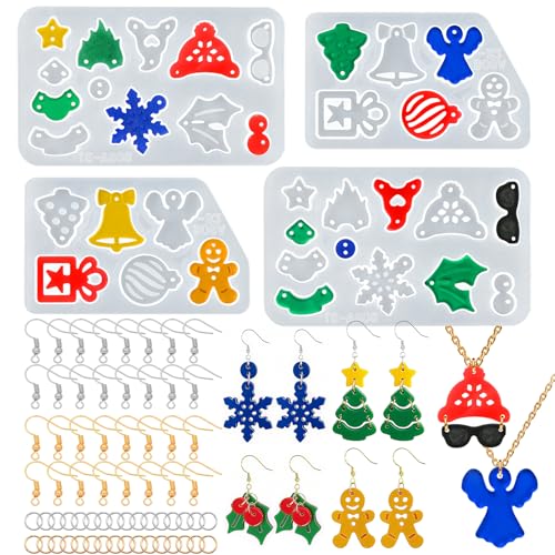 ZQYSING 68 Pcs Christmas Resin Earring Molds Kit with Hooks & Rings – Includes Snowflake, Gingerbread, Bell, Tree