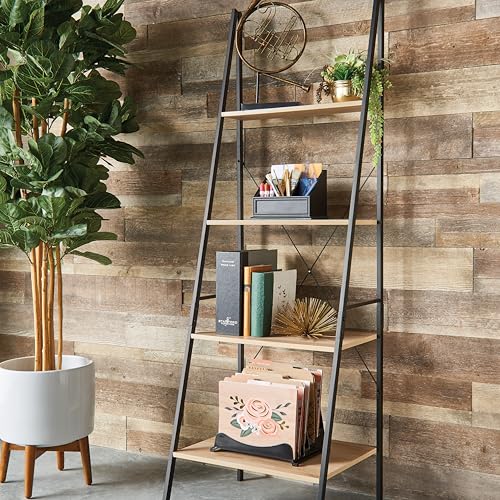 4-Tier Ladder Bookshelf, Modern Wood and Metal Leaning Display Shelf