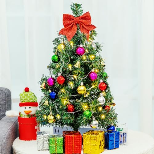 HUAERYOUYUE 24 Inch Dark Green Mini Christmas Tree with LED Lights & Ornaments