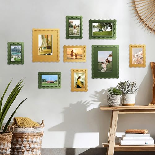 Wavy Edge 4x6 Wooden Picture Frame with Mat - Green Glass Photo Frame