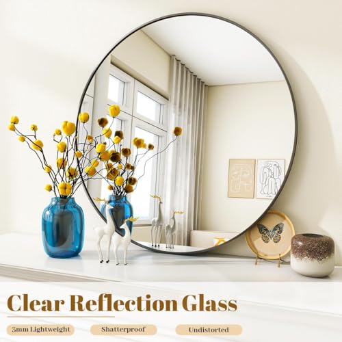 30-Inch Round Bathroom Mirror, Black Metal Frame Wall Mirror