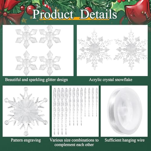 Chuangdi 72 Pcs Glitter Clear Snowflake Icicle Christmas Ornaments Set