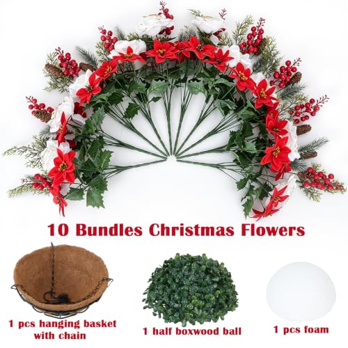 GTIDEA Winter Hanging Basket Christmas Poinsettias Outdoor Decor - Set of 1