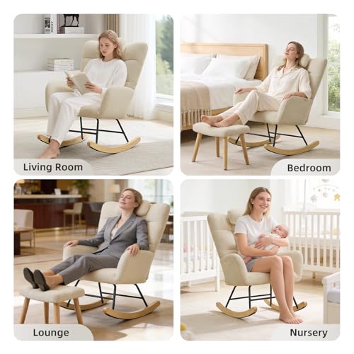 Upholstered Nursery Rocking Chair and Ottoman with High Backrest