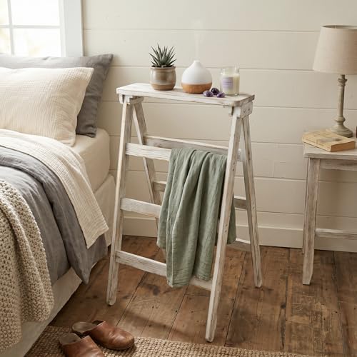 Freestanding A-Frame Blanket Ladder, White Washed Wood Textile Holder