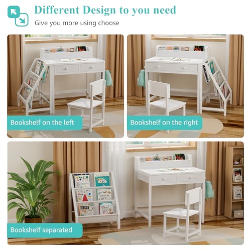 Kids Desk and Chair Set with Bookshelf and Storage Drawers for Ages 3-8
