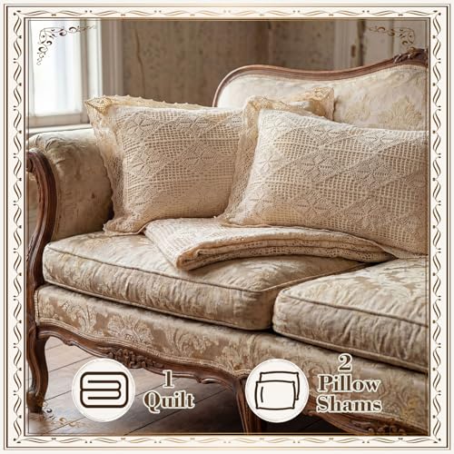 Large Vintage Beige Lace Crochet Bedding Set with Pillowcases