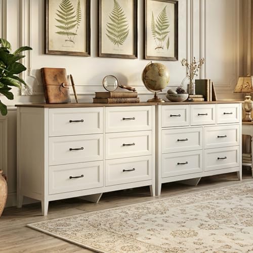 6 and 7 Drawer Bedroom Dresser Set, White Wood Chest with Rustic Top