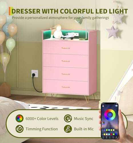 4-Drawer Modern Dresser with RGB LED Lights and Integrated Charging Station